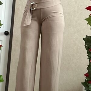 High-Waist Wide-Leg Ribbed Pants with Belt - Taupe